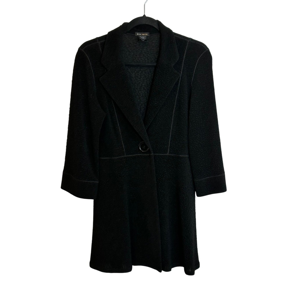 Eva Varro Empire One Button Textured Knit Jacket‎ Size M Black 3/4 Sleeve Modern